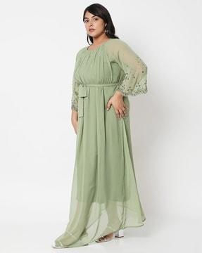 round-neck gown dress with waist belt