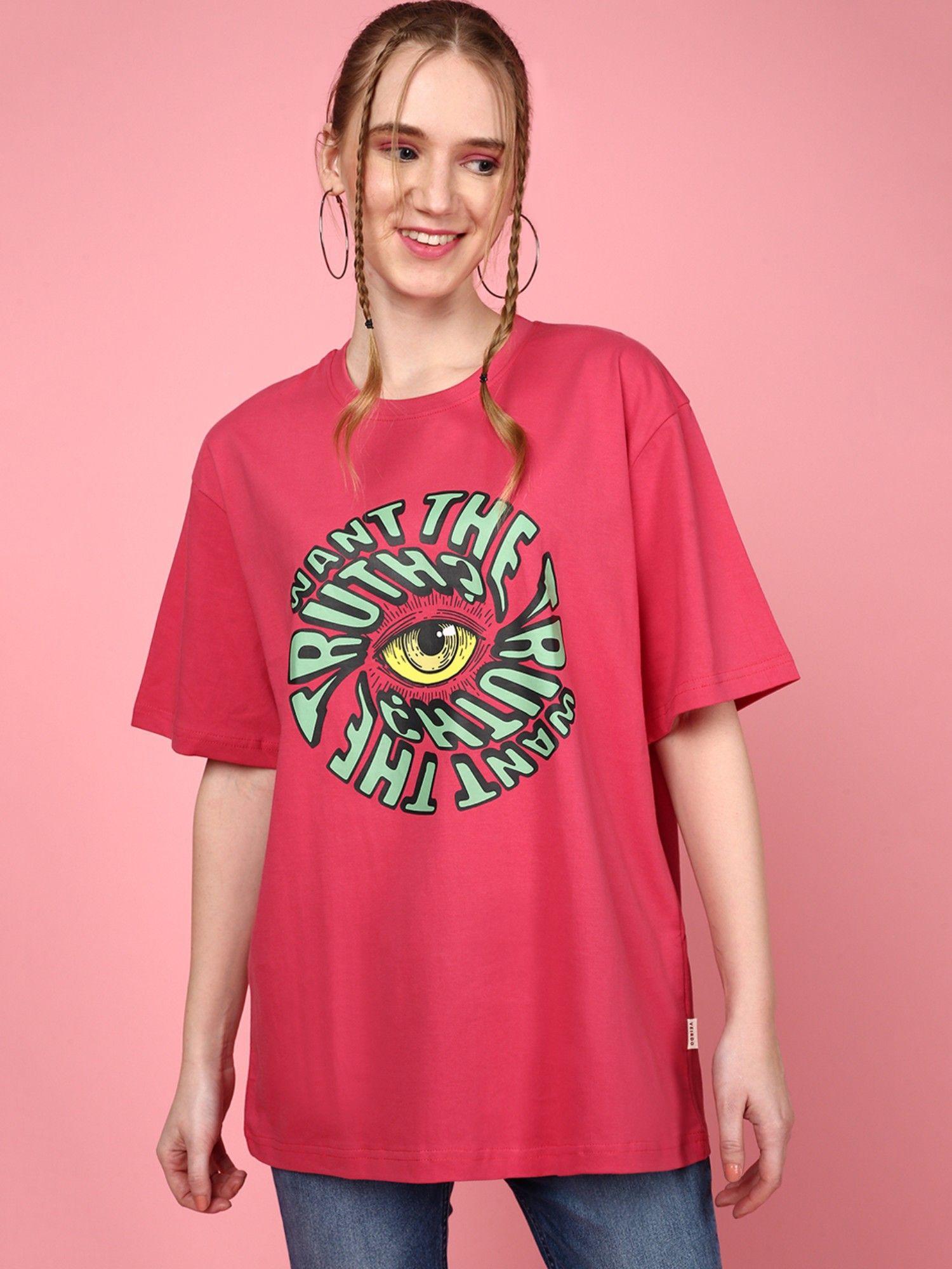 round neck graphic printed drop-shoulder sleeves magenta oversized t-shirt