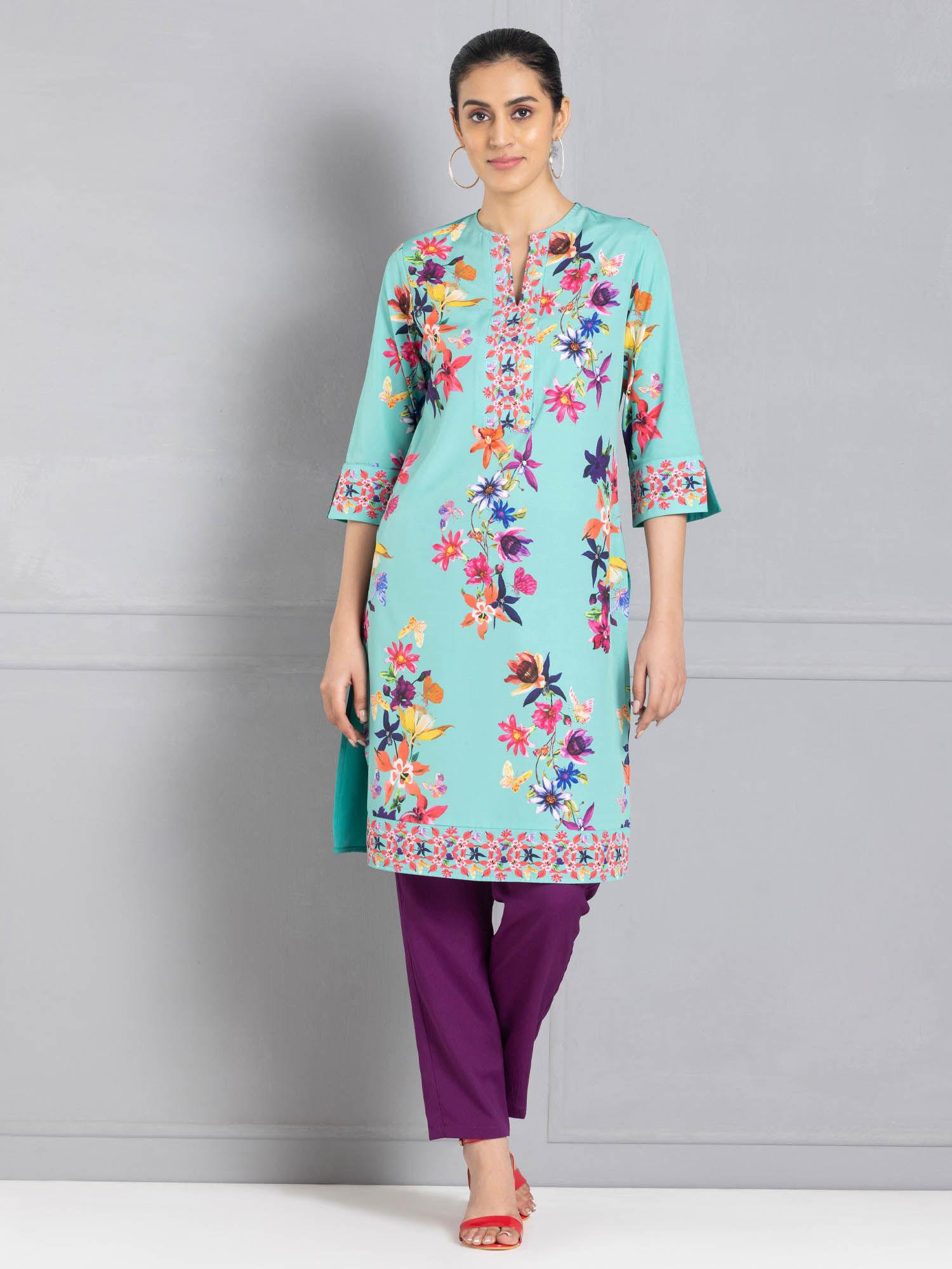 round neck green floral print three-quarter sleeves ethnic kurta for women