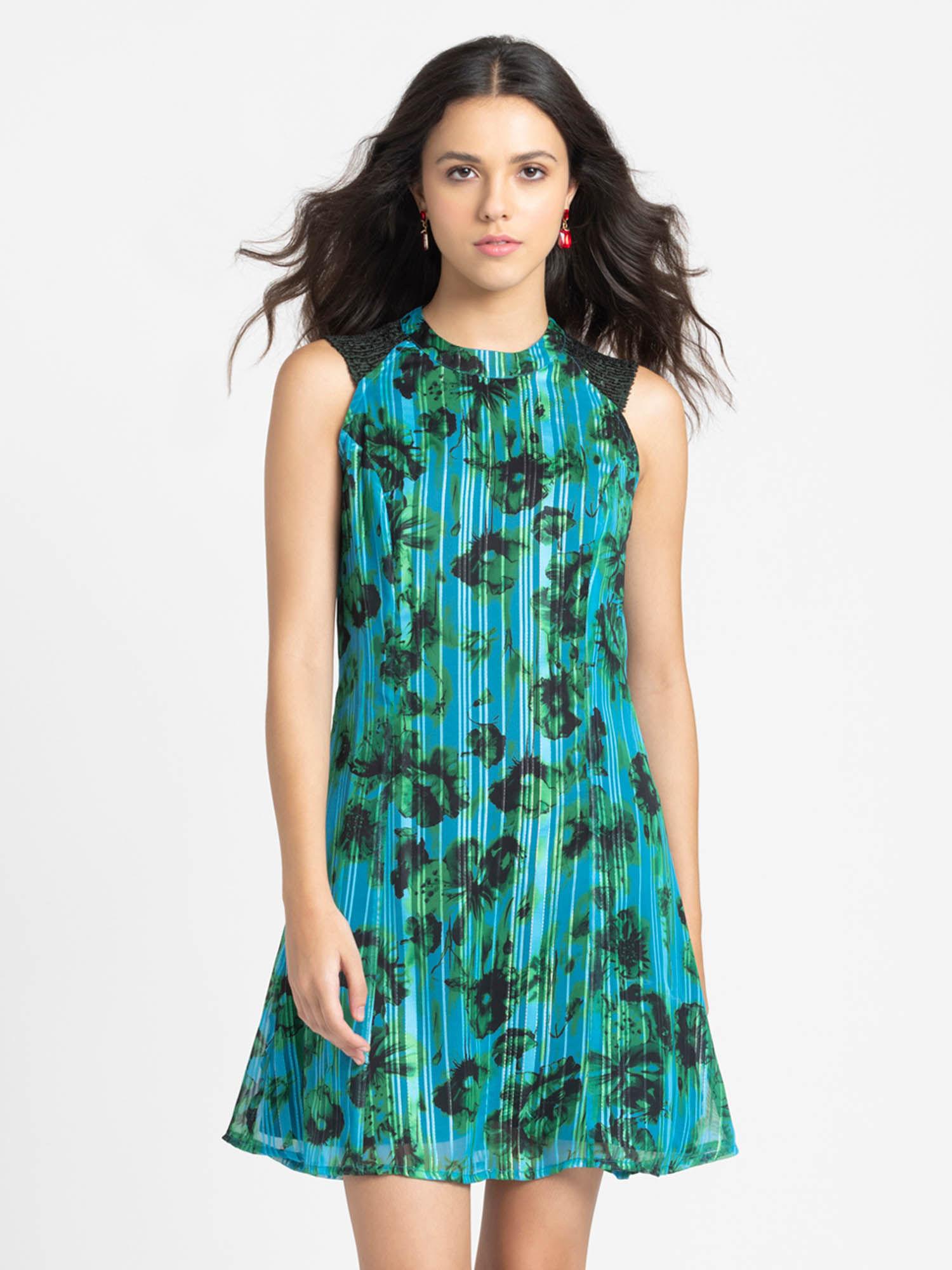 round neck green printed sleeveless party dress for women