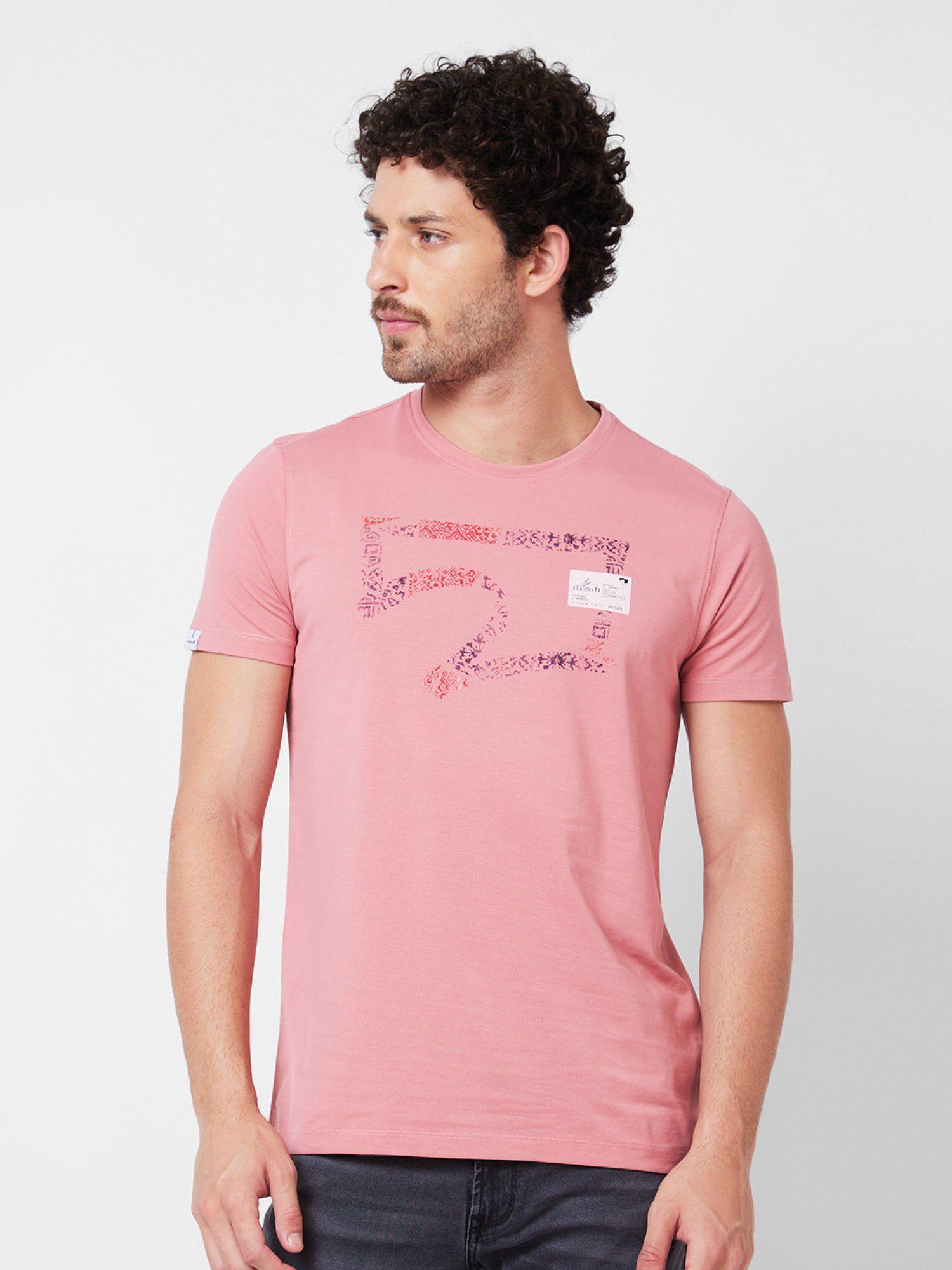 round neck half sleeves pink t-shirt for men