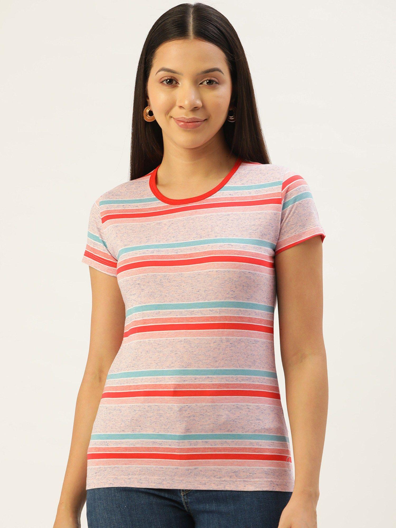 round neck horizontally striped red t-shirt