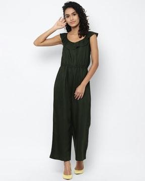round-neck jumpsuit with ruffle accent
