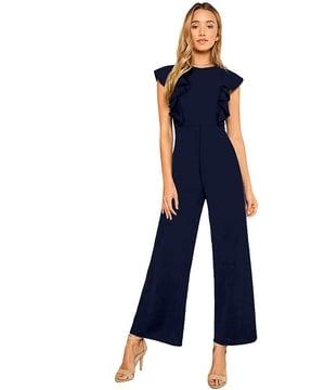 round-neck jumpsuit with ruffle accent