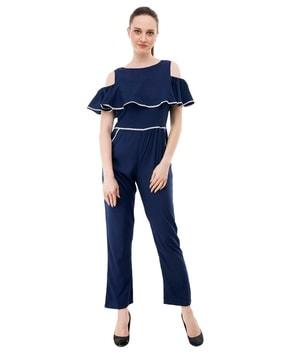 round neck jumpsuit with ruffle detail