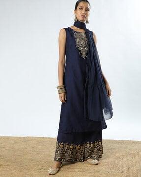 round-neck kurta with palazzo & dupatta set