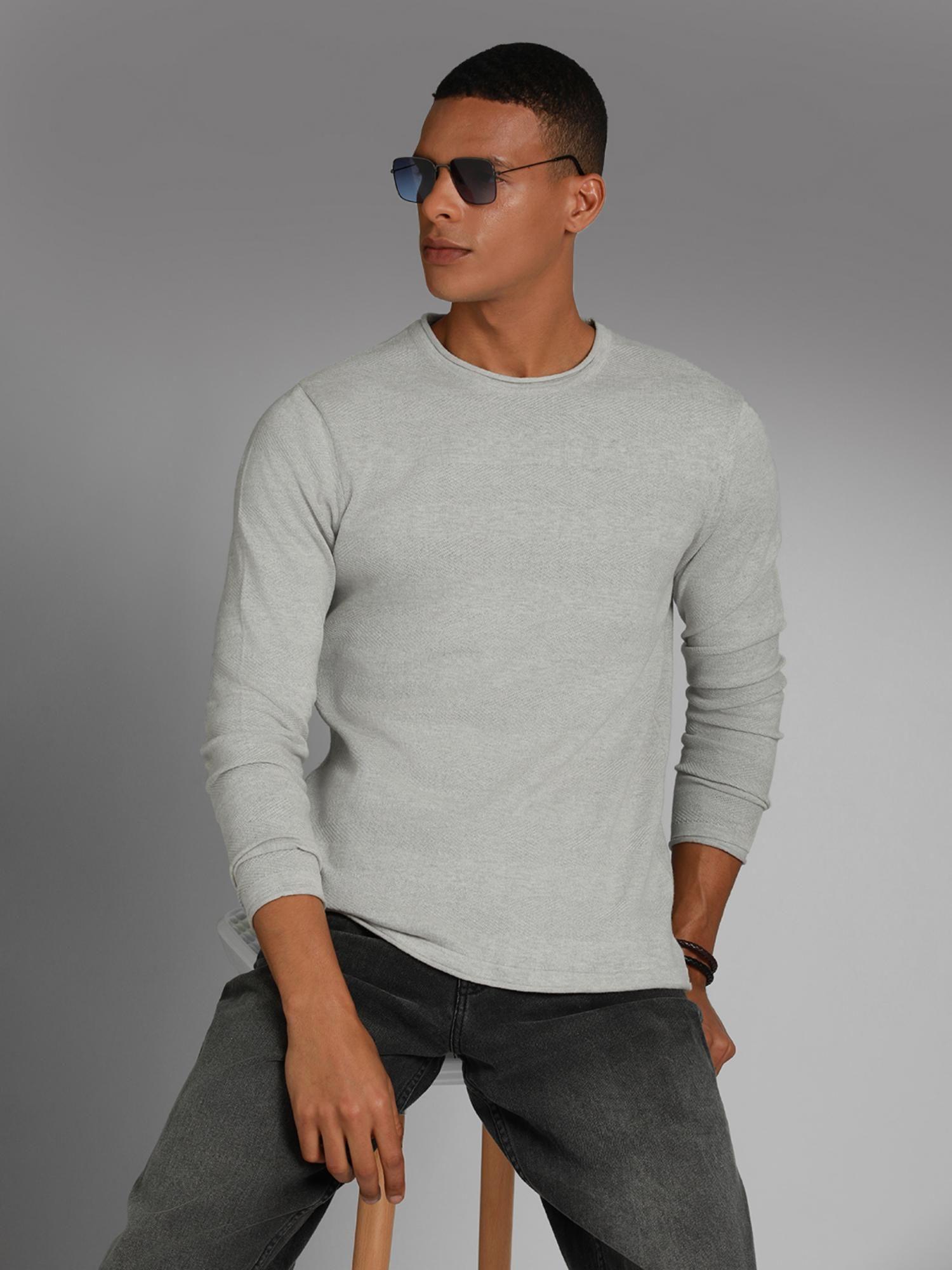 round neck long sleeves cotton pullover grey sweater