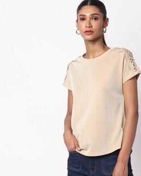 round-neck lurex top with lace panels