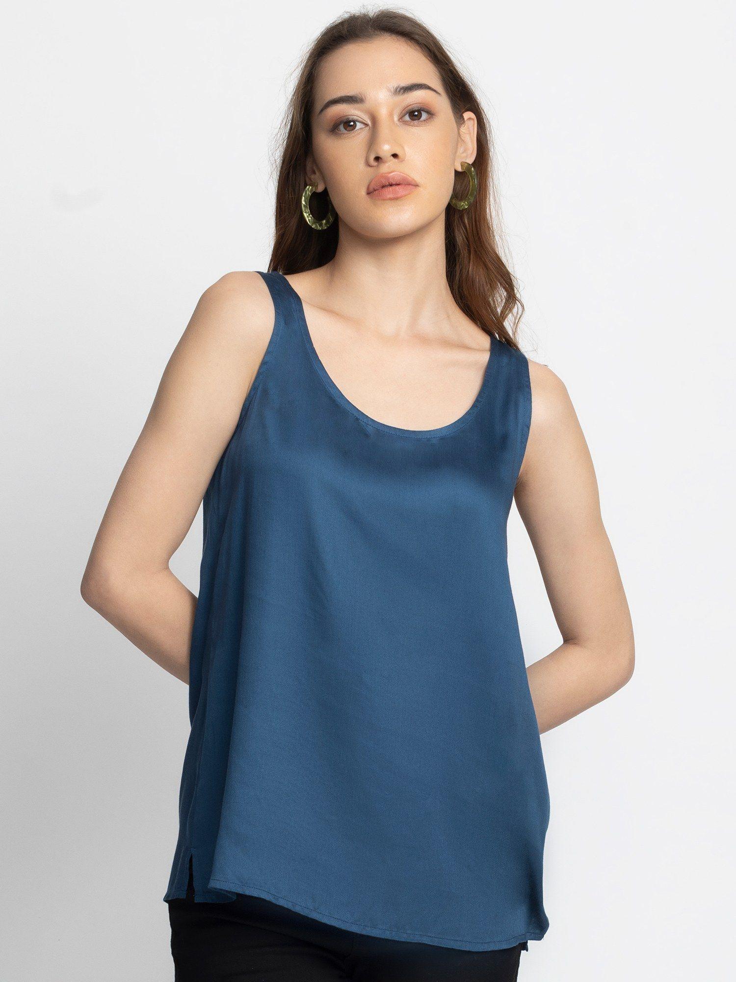 round neck navy blue solid sleeveless casual top for women