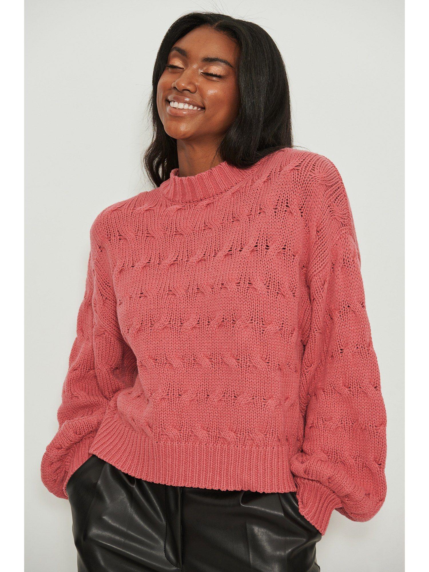 round neck oversized knitted detail sweater pink