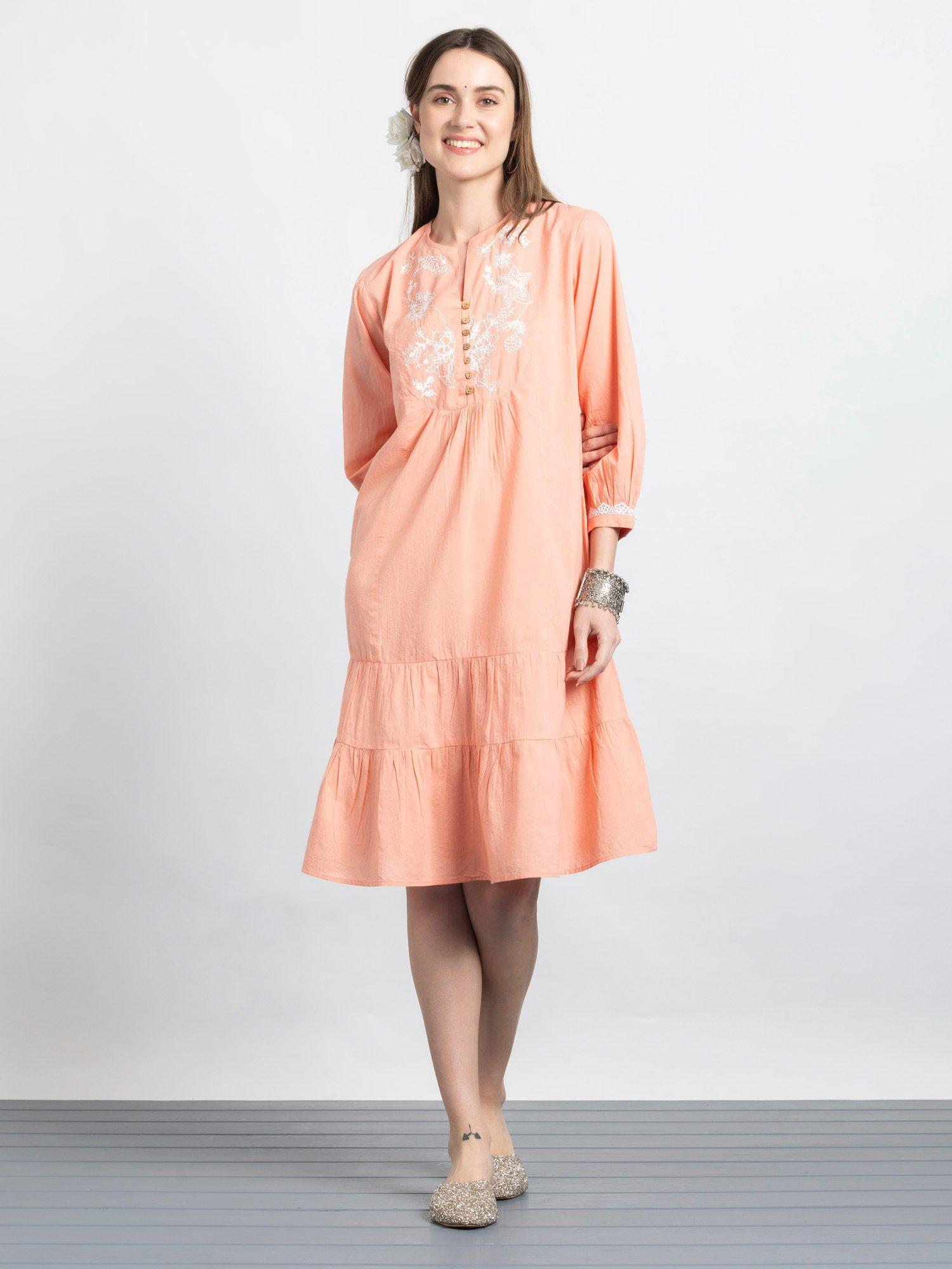 round neck peach embroidered ethnic dress for women