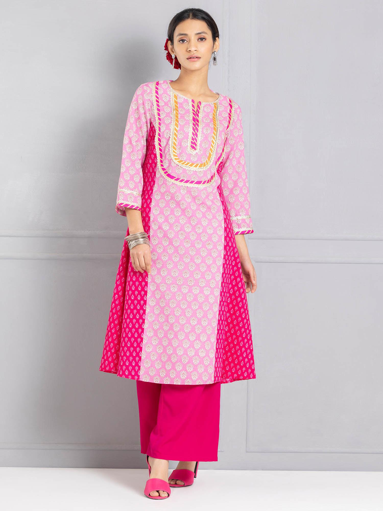 round neck pink floral print three-quarter sleeves ethnic kurta for women