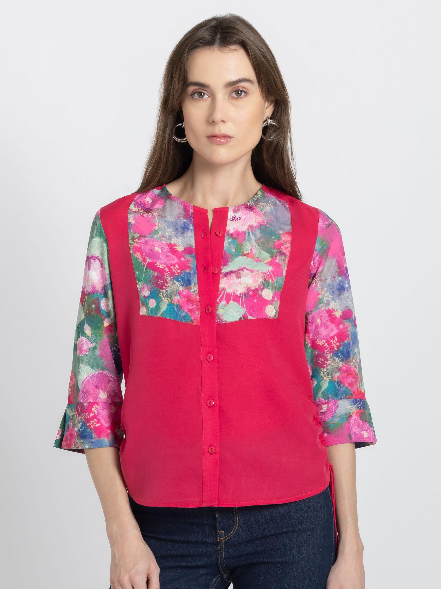 round neck pink printed three fourth sleeves casual shirts for women