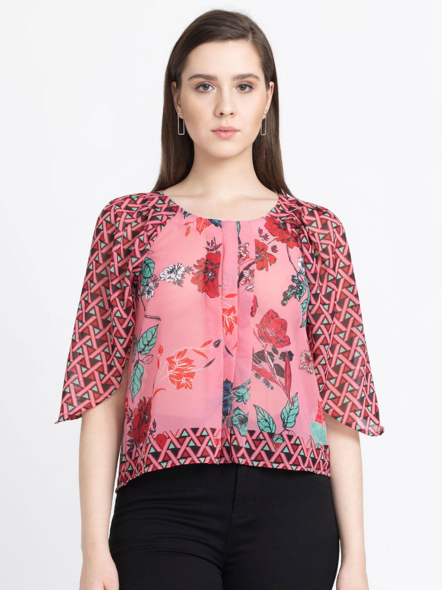 round neck pink printed three-quarter sleeves casual tops for women