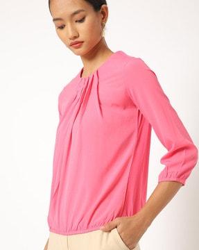 round-neck pleated blouson top