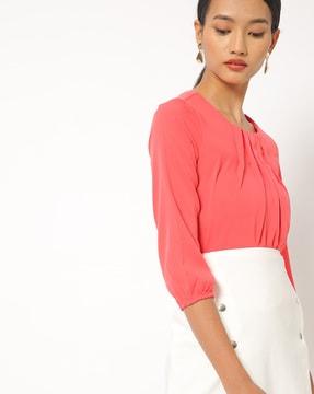 round-neck pleated blouson top