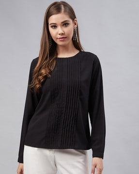 round-neck pleated top with full sleeves