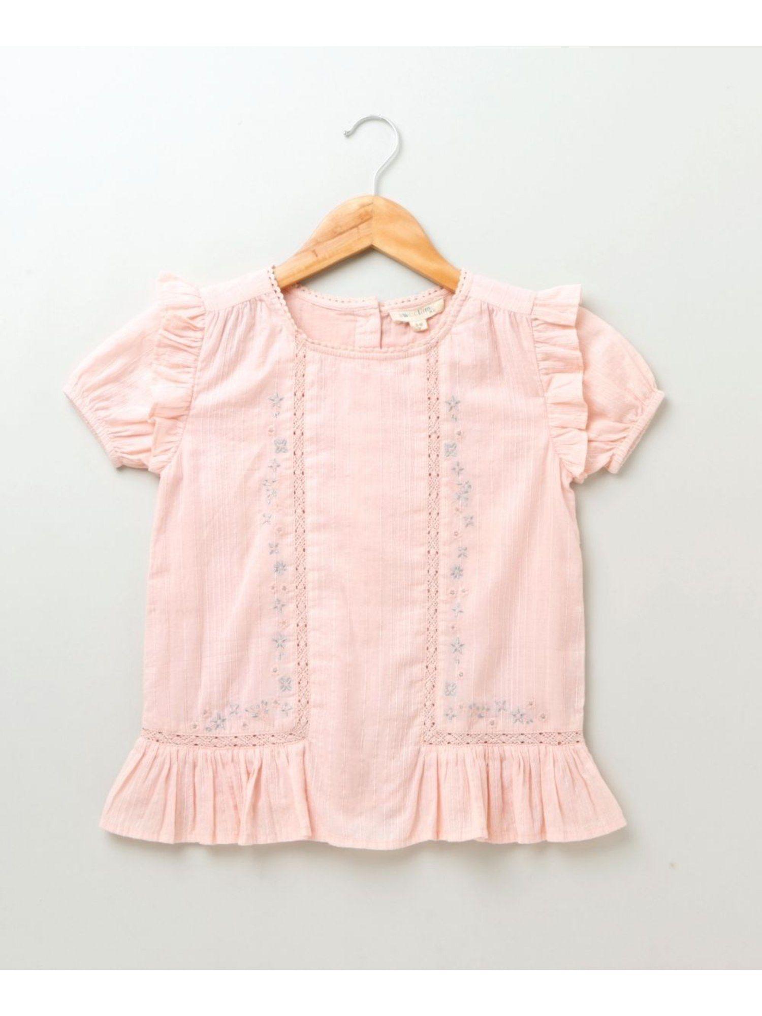 round neck puff sleeves with frill & embroidery top-baby pink