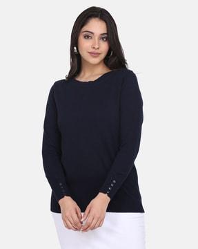 round-neck pullover with cuffed sleeves