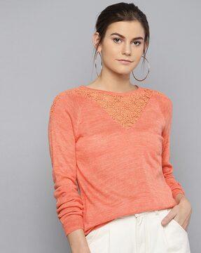 round neck pullover with lace detail