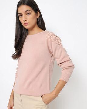 round-neck pullover with lace panels