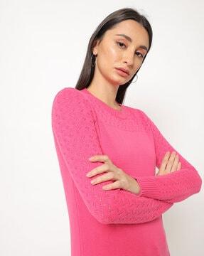 round-neck pullover with textured yoke