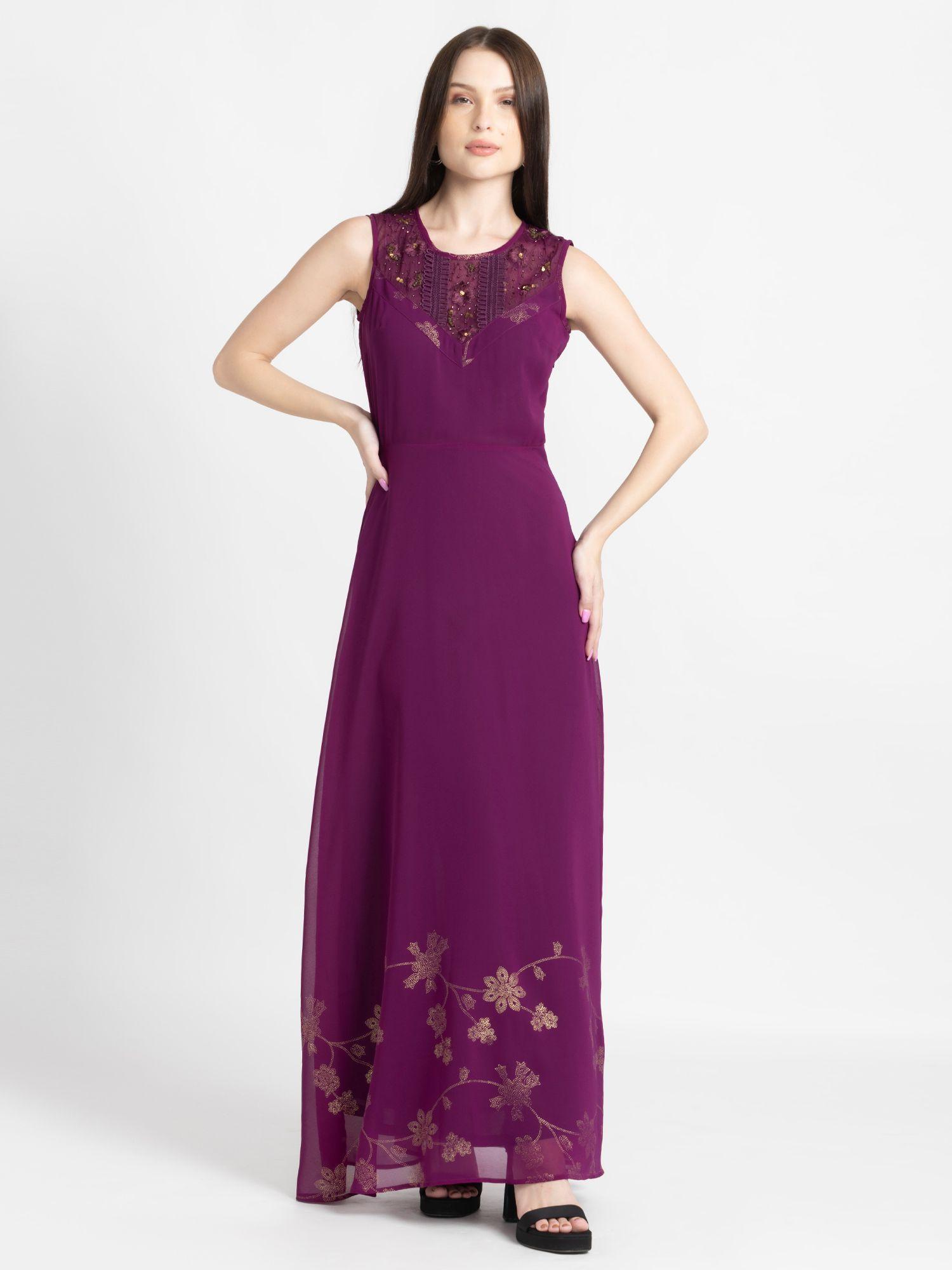 round neck purple embellished sleeveless party dress for women