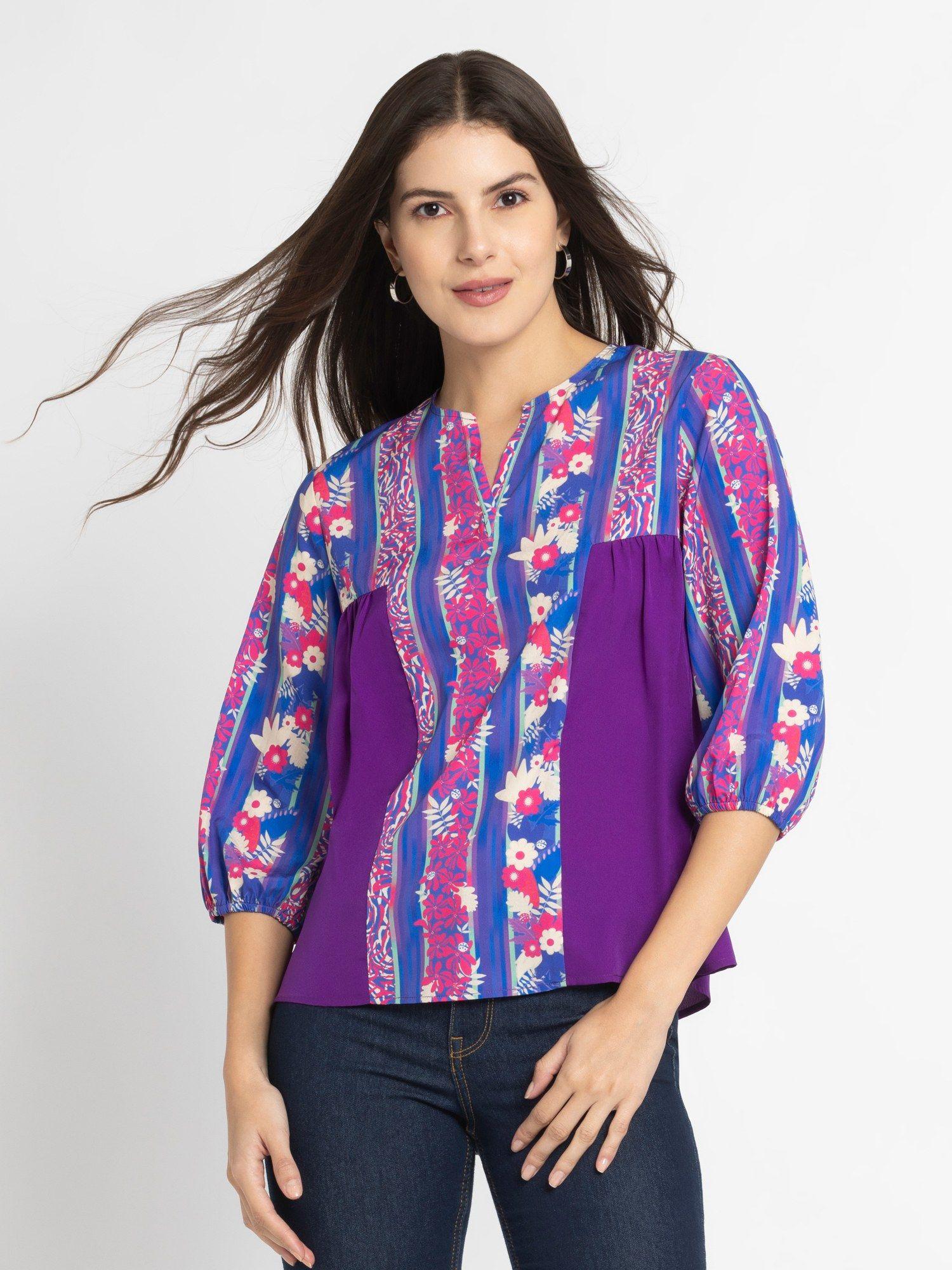 round neck purple floral print three-quarter sleeves casual top for women