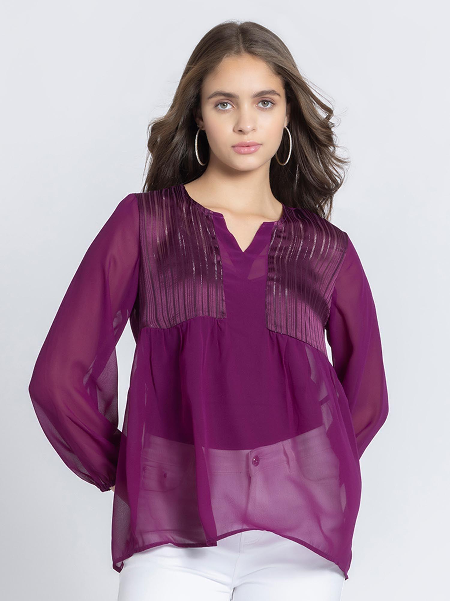 round neck purple self satin stripe georgette ethnic tunic for women