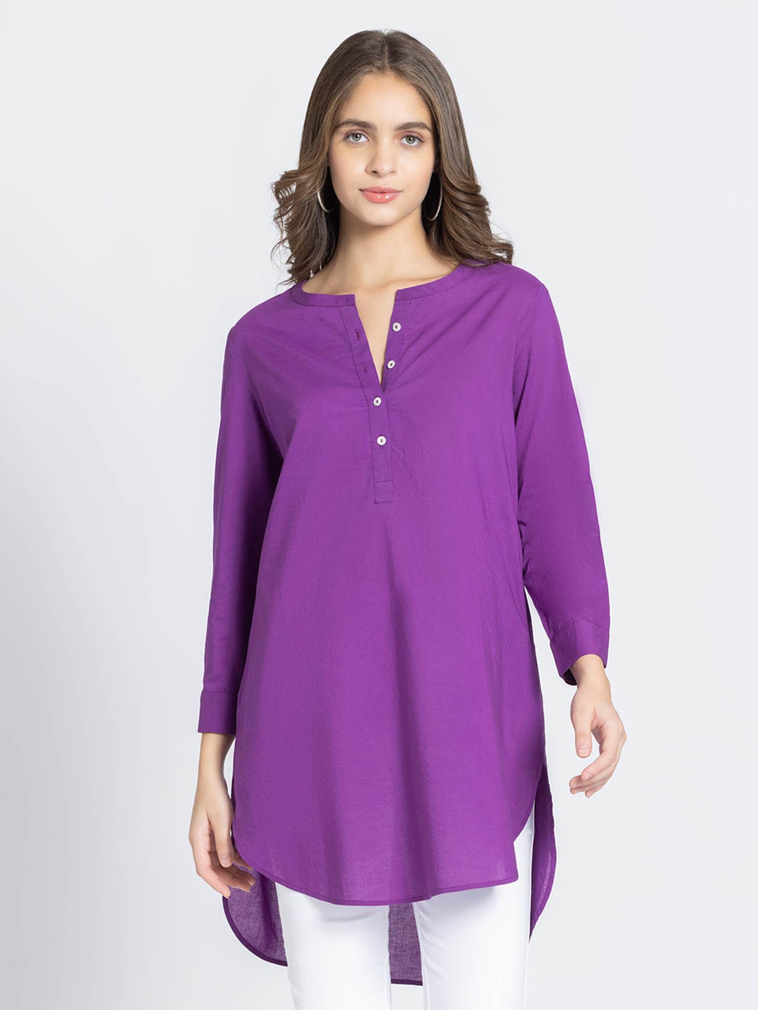 round neck purple solid long sleeves ethnic kurti