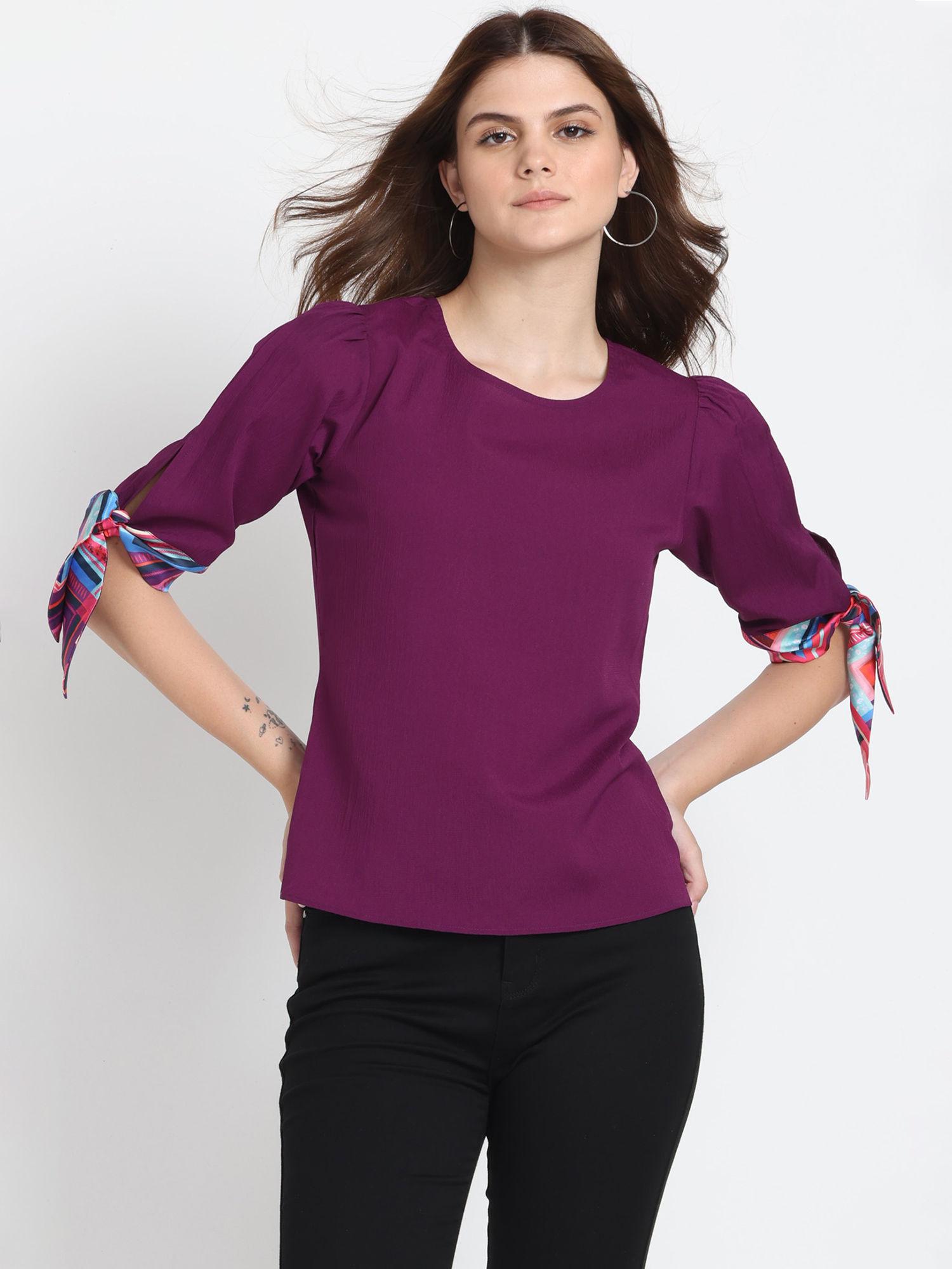 round neck purple solid short sleeves casual top for women