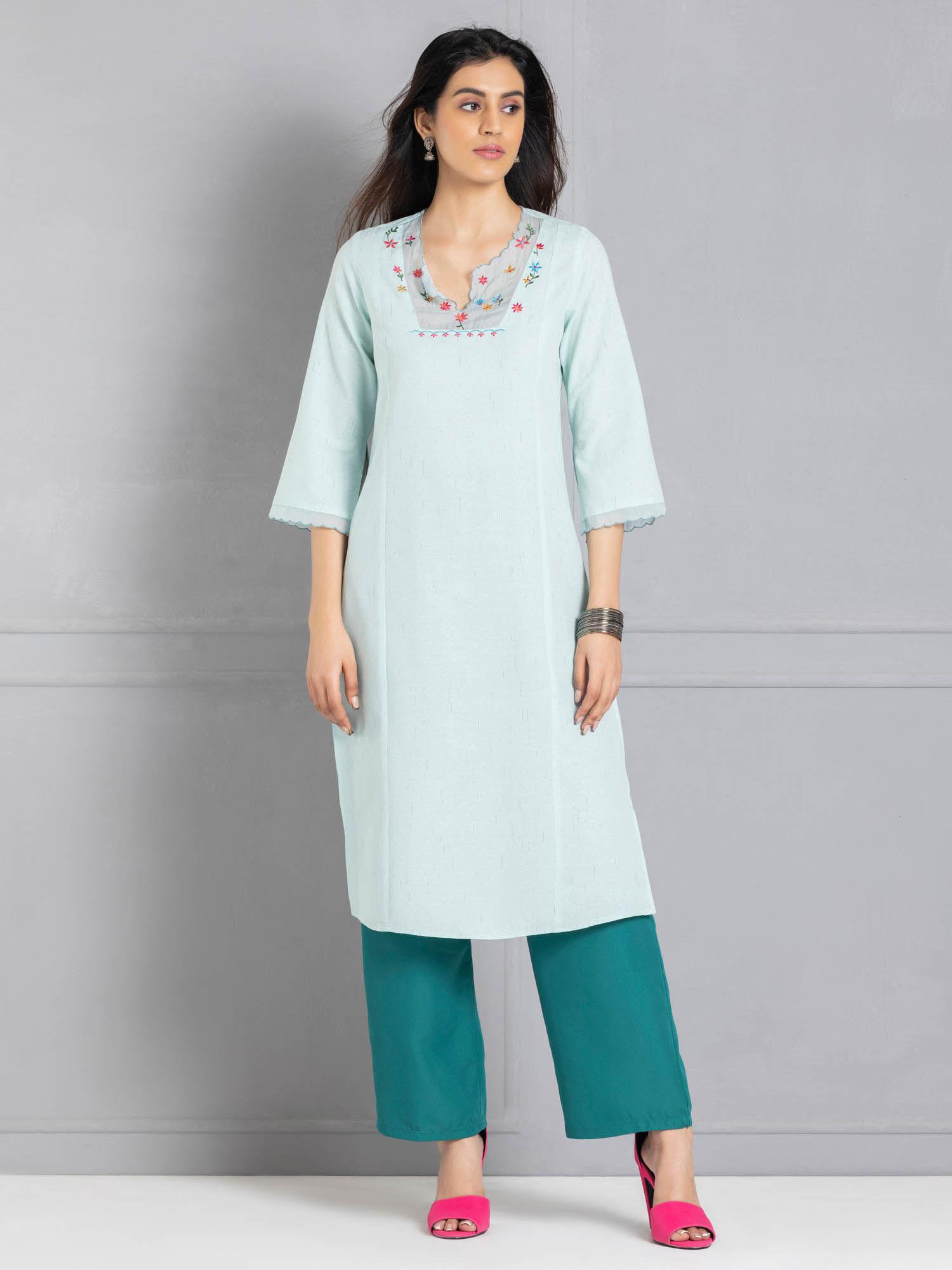 round neck sea green embroidered yoke design ethnic kurta for women