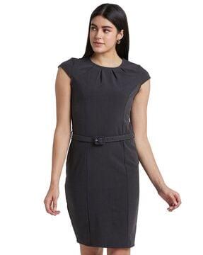 round-neck sheath dress with belt