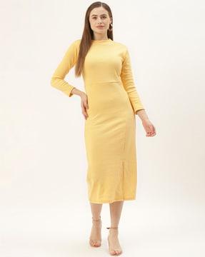 round-neck sheath dress with front slit