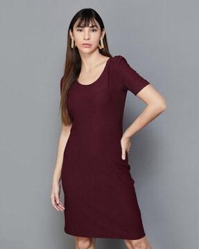 round-neck sheath dress with puffed sleeves