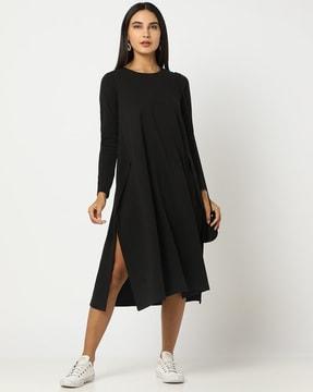 round-neck shift dress with side slits