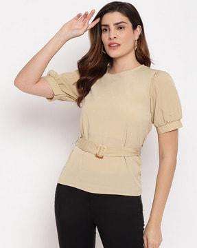 round-neck slim fit blouson top