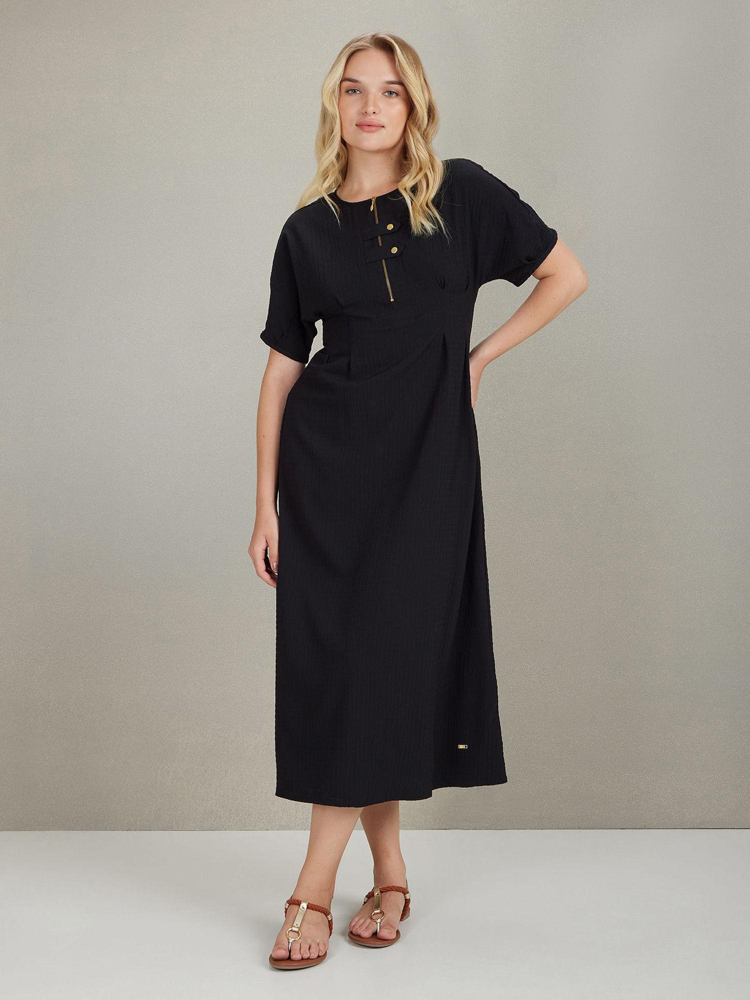 round neck solid midi dress