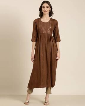 round-neck straight kurta with embroidered yoke