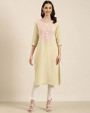 round-neck straight kurta with embroidered yoke