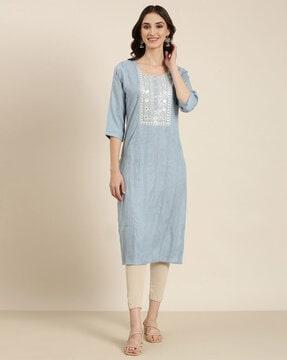 round-neck straight kurta with embroidererd yoke