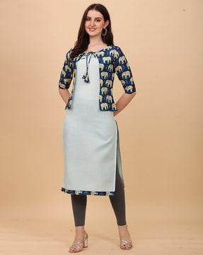 round-neck straight kurta with printed jacket