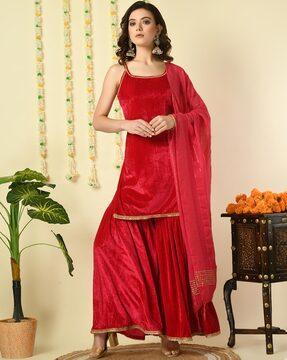 round-neck straight kurta with sharara & dupatta