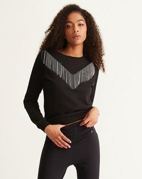 round-neck sweatshirt with fringe accent