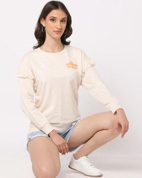 round-neck sweatshirt with schiffli lace accent