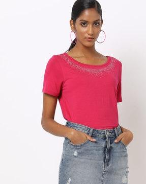 round-neck t-shirt with embellished neckline