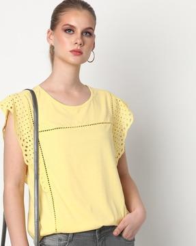 round-neck t-shirt with schiffli butterfly sleeves