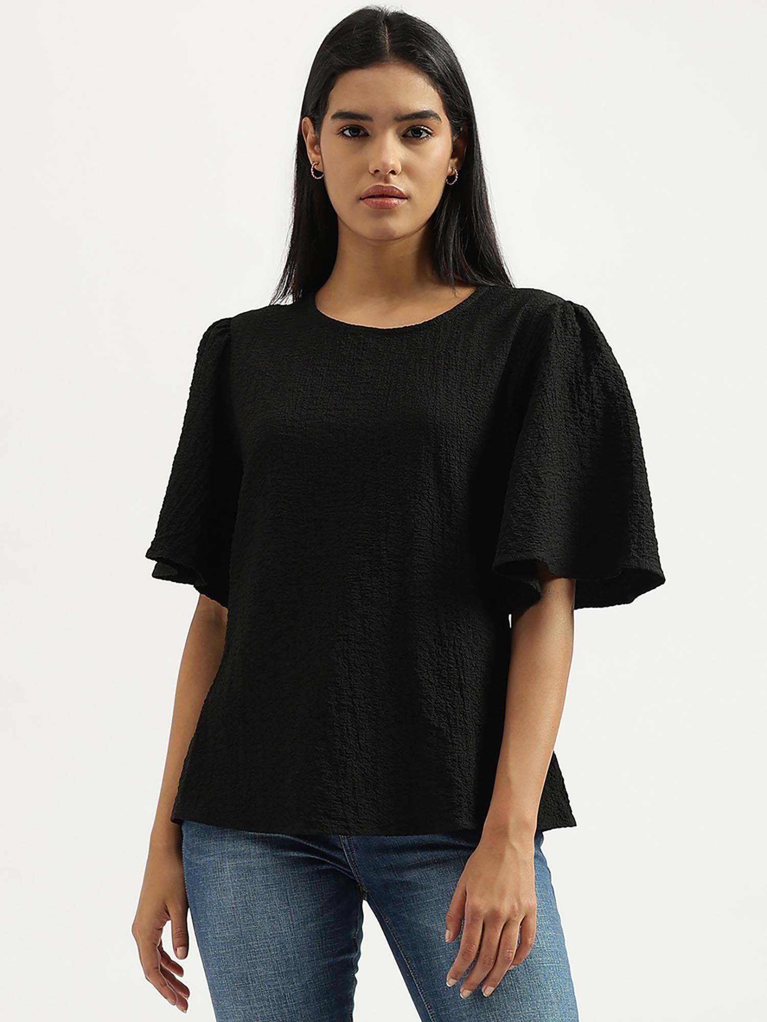 round neck textured black top