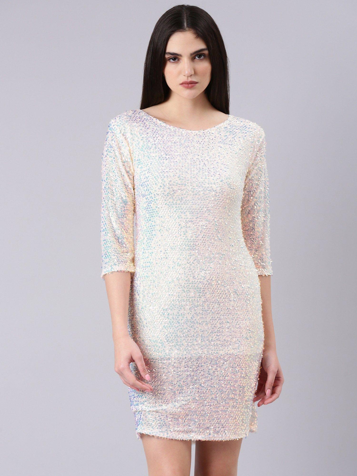 round neck three fourth sleeves bodycon embellished multi color mini dress