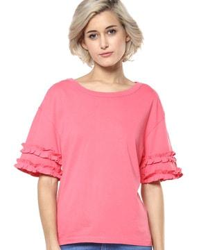 round-neck top with extended ruffled sleeves